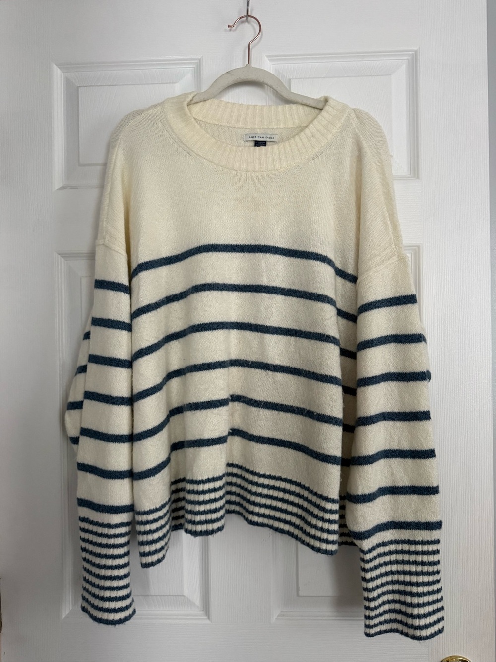 American Eagle Cream & Navy Striped Crewneck Sweater